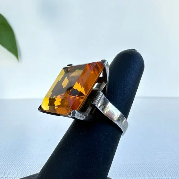 925 Silver Ring Large Amber Glass Stone Size 6.5